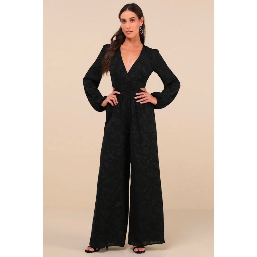 Lulus Black Floral Jacquard Cutout Wide Leg Jumpsuit Long Sleeve XS 4016576